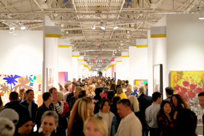 Art Market San Francisco crowded area, exhibition visitors, exhibitor booths