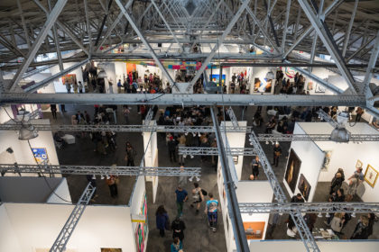 Areal perspective of Art Market San Francisco with visitors looking around the exhibition spaces